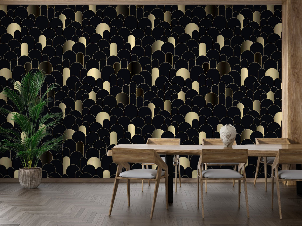 Elegant golden Deco line wallpaper for dining room walls.