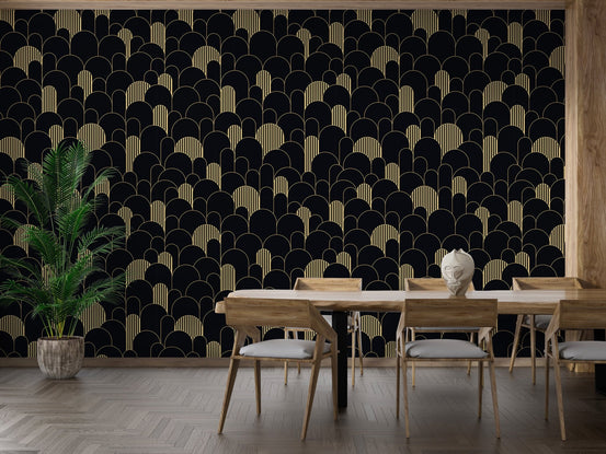 Elegant golden Deco line wallpaper for dining room walls.
