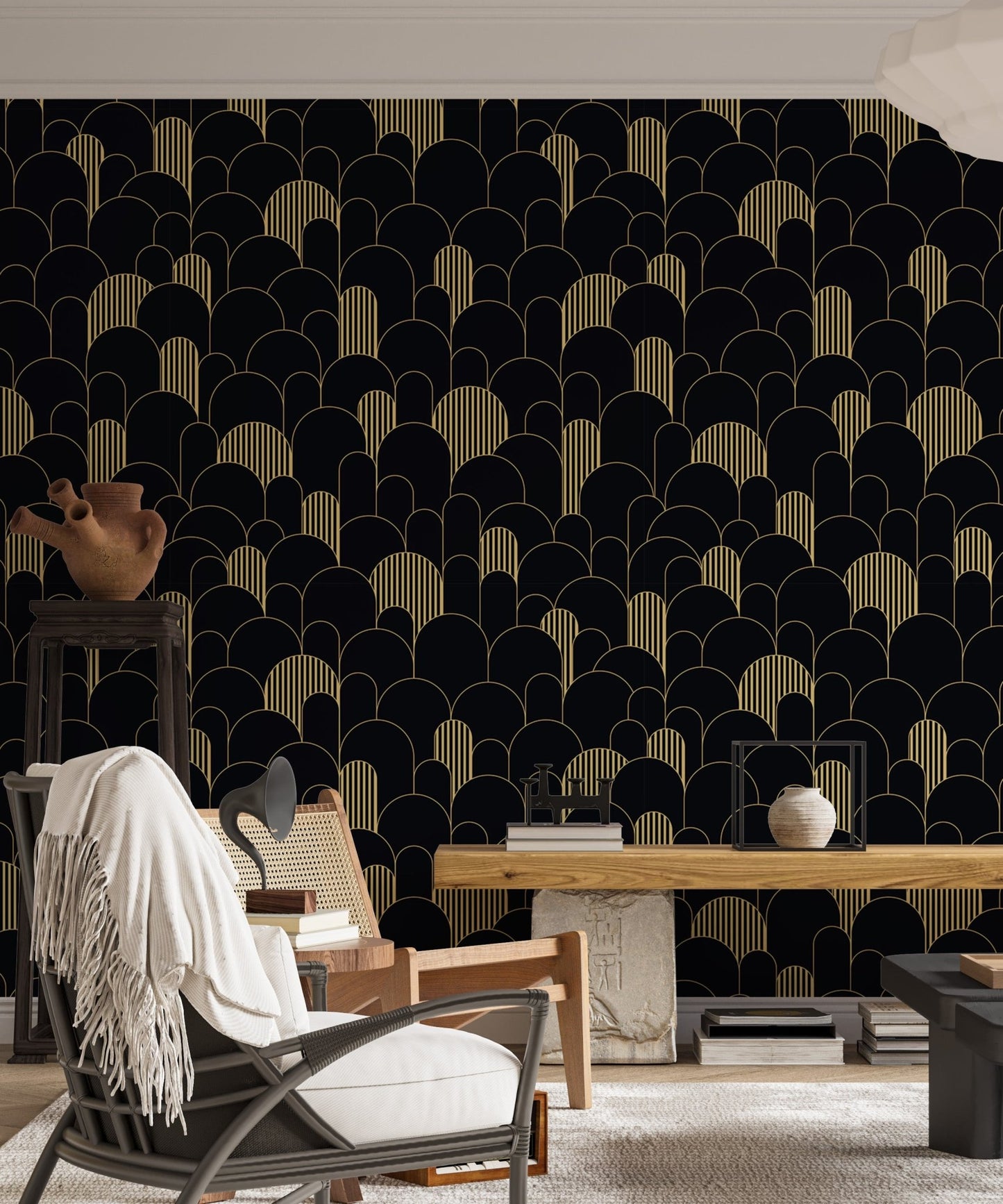 Art Deco Golden Lines Repeat Pattern Wallpaper in a seating area with a white armchair.