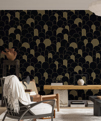 Art Deco Golden Lines Repeat Pattern Wallpaper in a seating area with a white armchair.