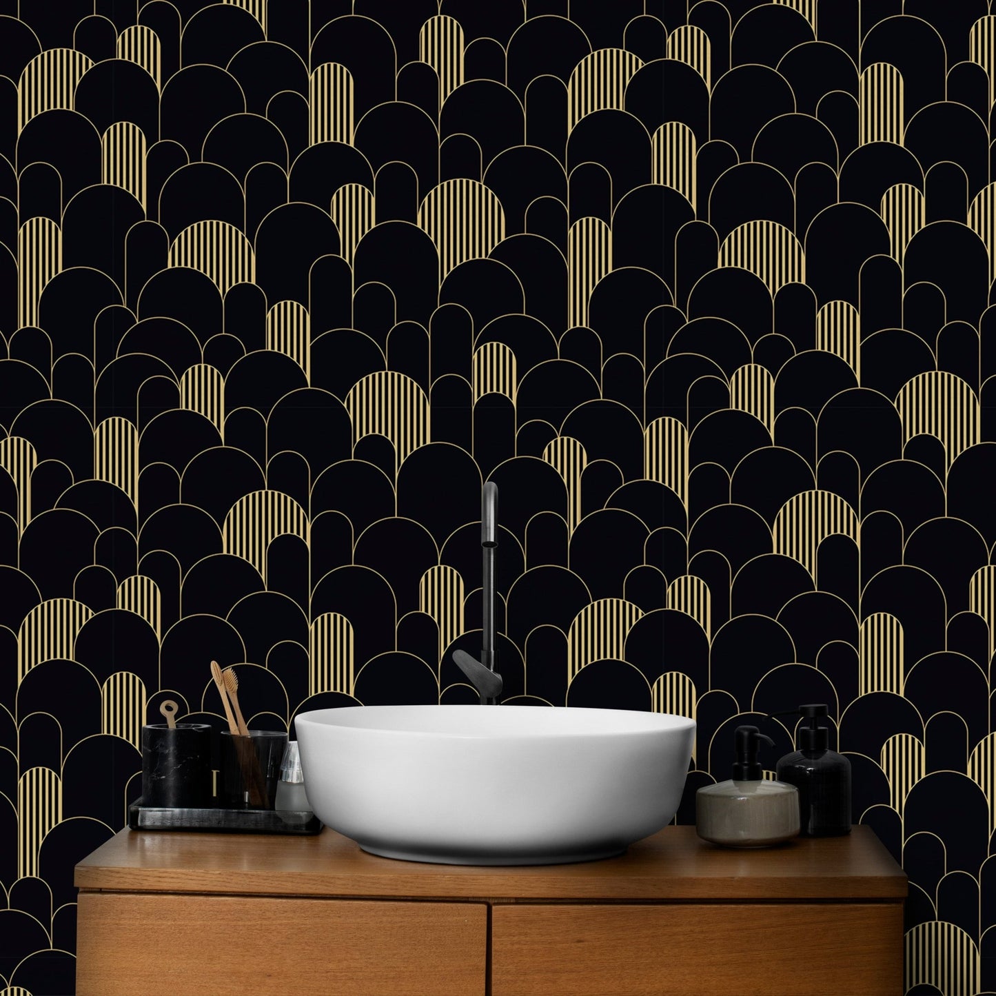 Art Deco Golden Lines Repeat Pattern Wallpaper in a bathroom with a white vessel sink.