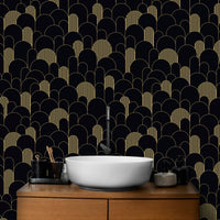 Art Deco Golden Lines Repeat Pattern Wallpaper in a bathroom with a white vessel sink.