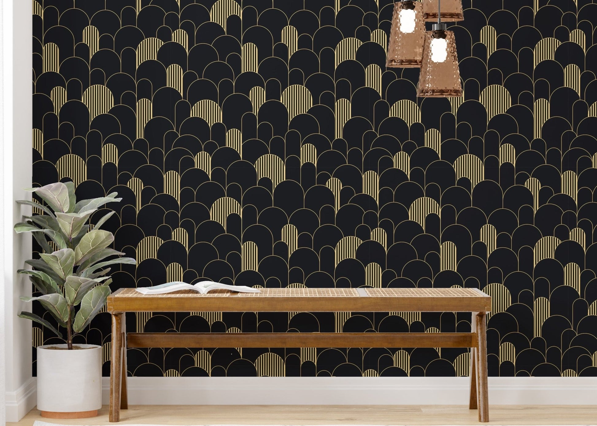 Textured repeat pattern wallpaper behind a long wooden bench and indoor plant.