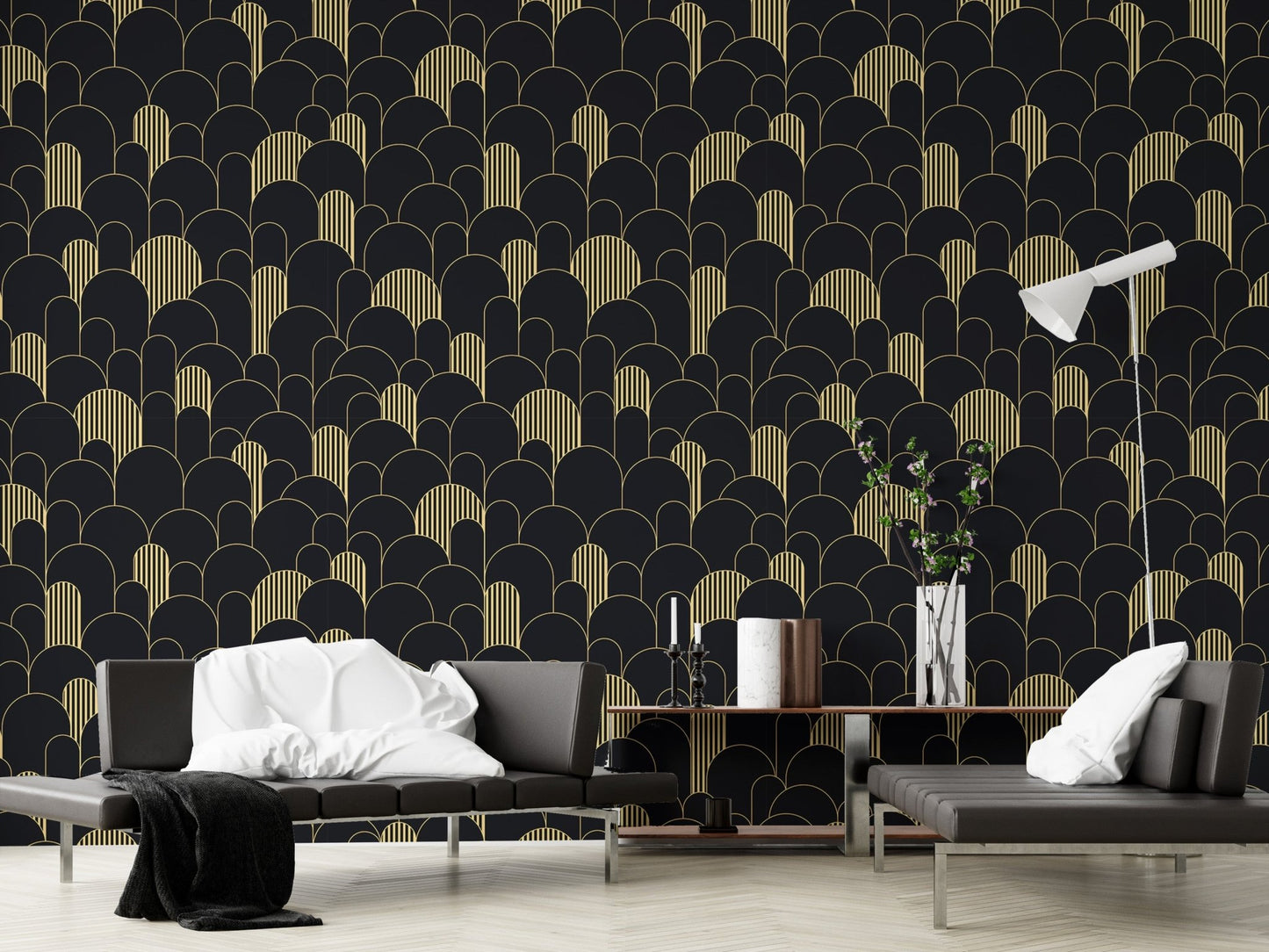 Golden lines in Deco repeating wallpaper patterns in modern living area.