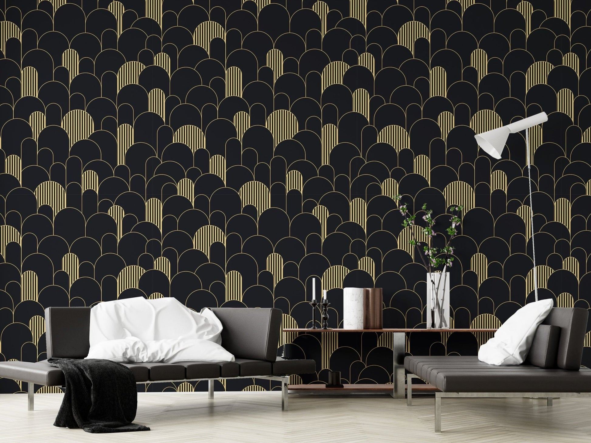 Golden lines in Deco repeating wallpaper patterns in modern living area.