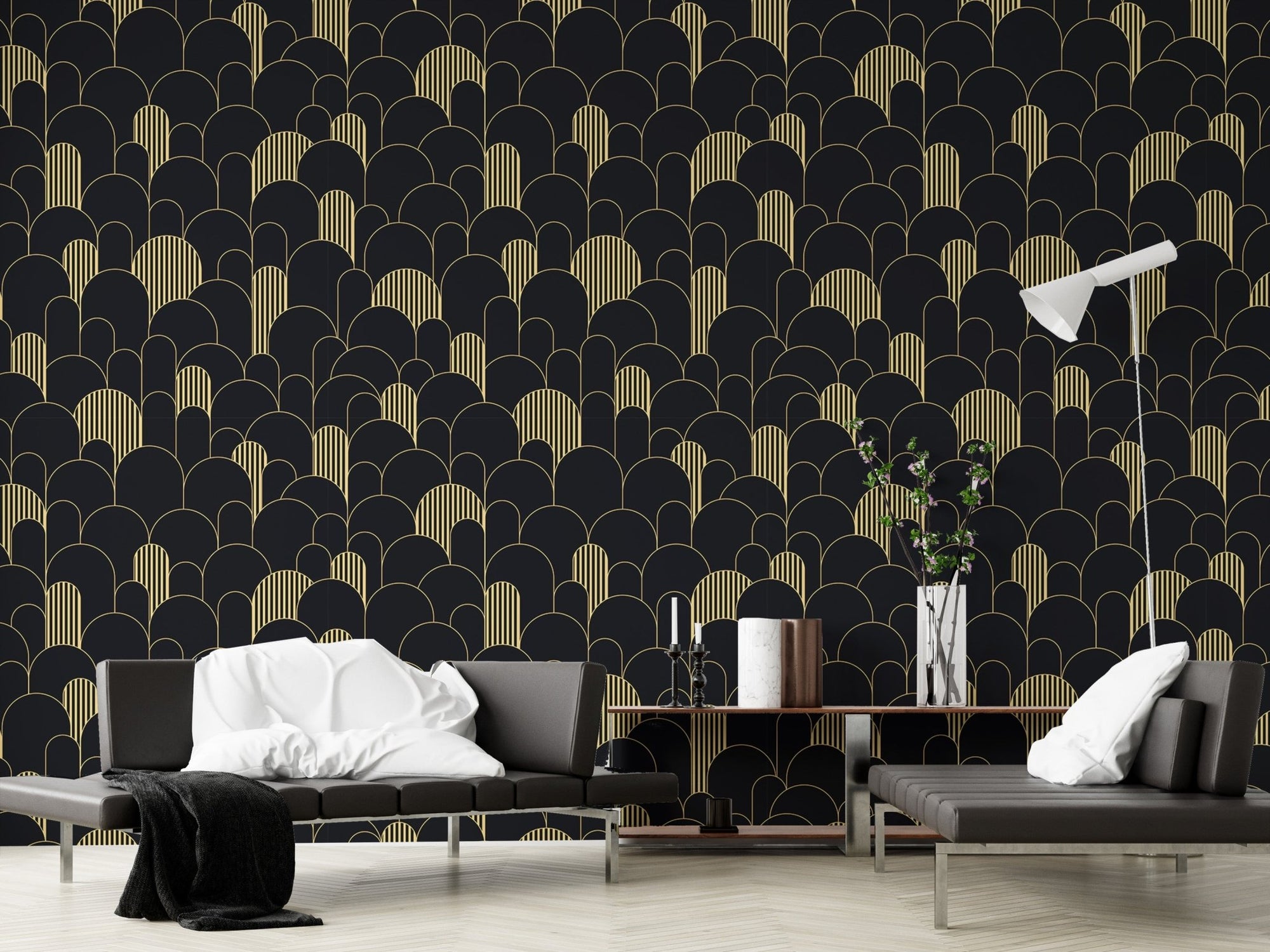 Golden lines in Deco repeating wallpaper patterns in modern living area.
