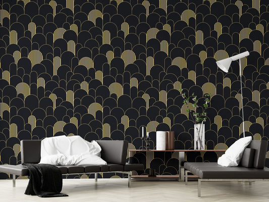 Golden lines in Deco repeating wallpaper patterns in modern living area.