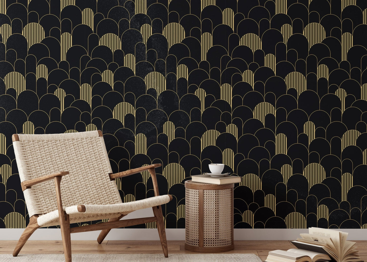 Art Deco Golden Lines Repeat Pattern Wallpaper in a room with a beige accent chair.