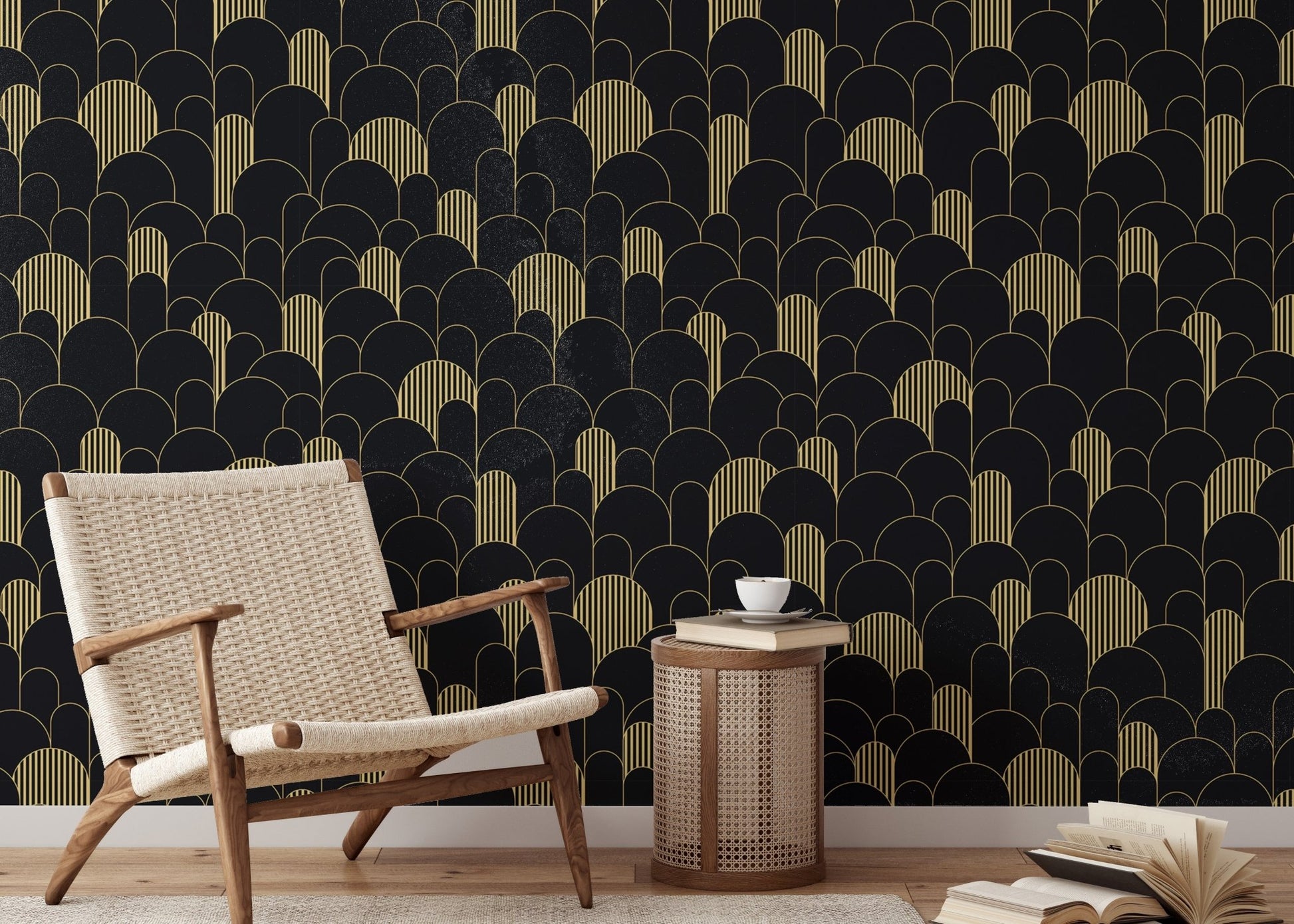 Art Deco Golden Lines Repeat Pattern Wallpaper in a room with a beige accent chair.