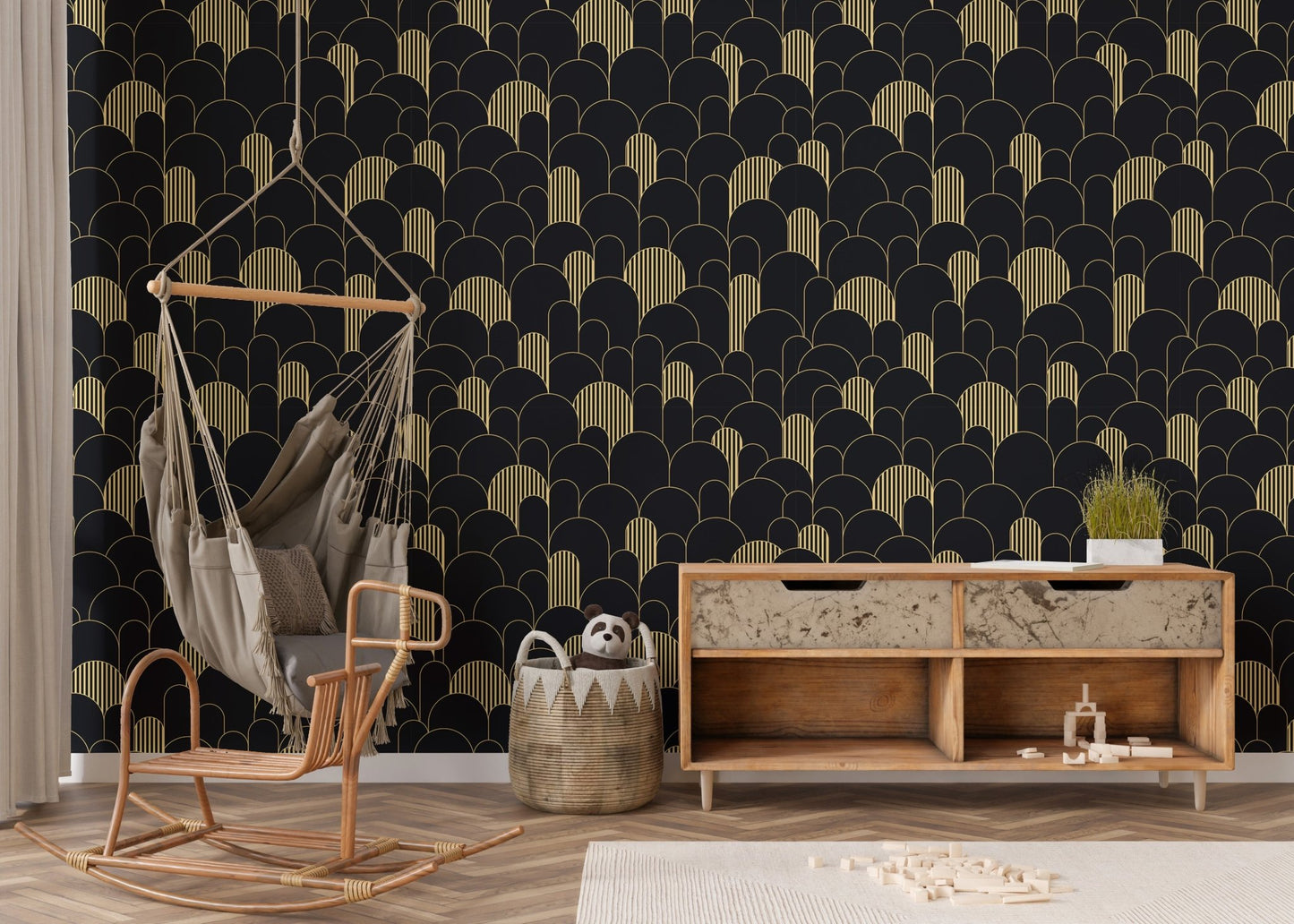 Art Deco Golden Lines Repeat Pattern Wallpaper in a room with a hanging wicker chair.