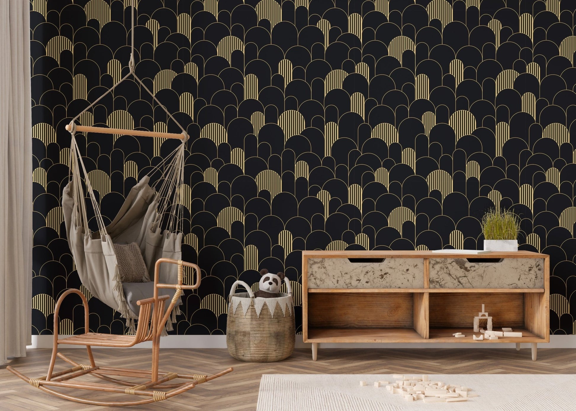 Art Deco Golden Lines Repeat Pattern Wallpaper in a room with a hanging wicker chair.