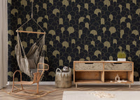 Art Deco Golden Lines Repeat Pattern Wallpaper in a room with a hanging wicker chair.