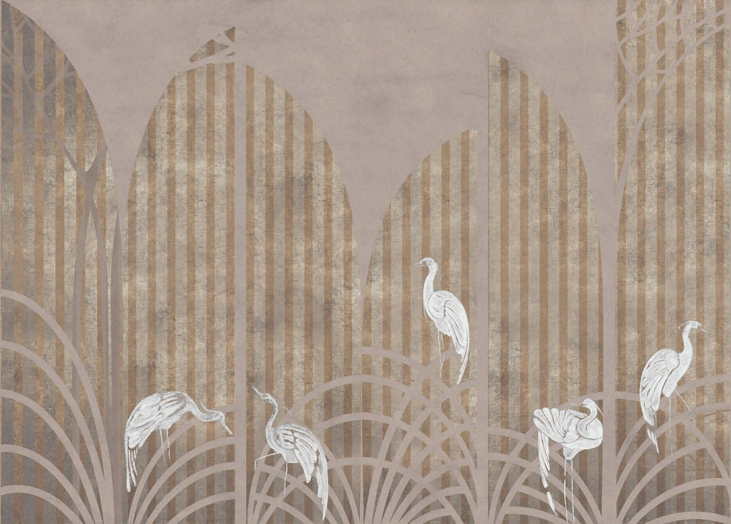 Art deco golden striped pattern white crane wall mural with geometric arches.
