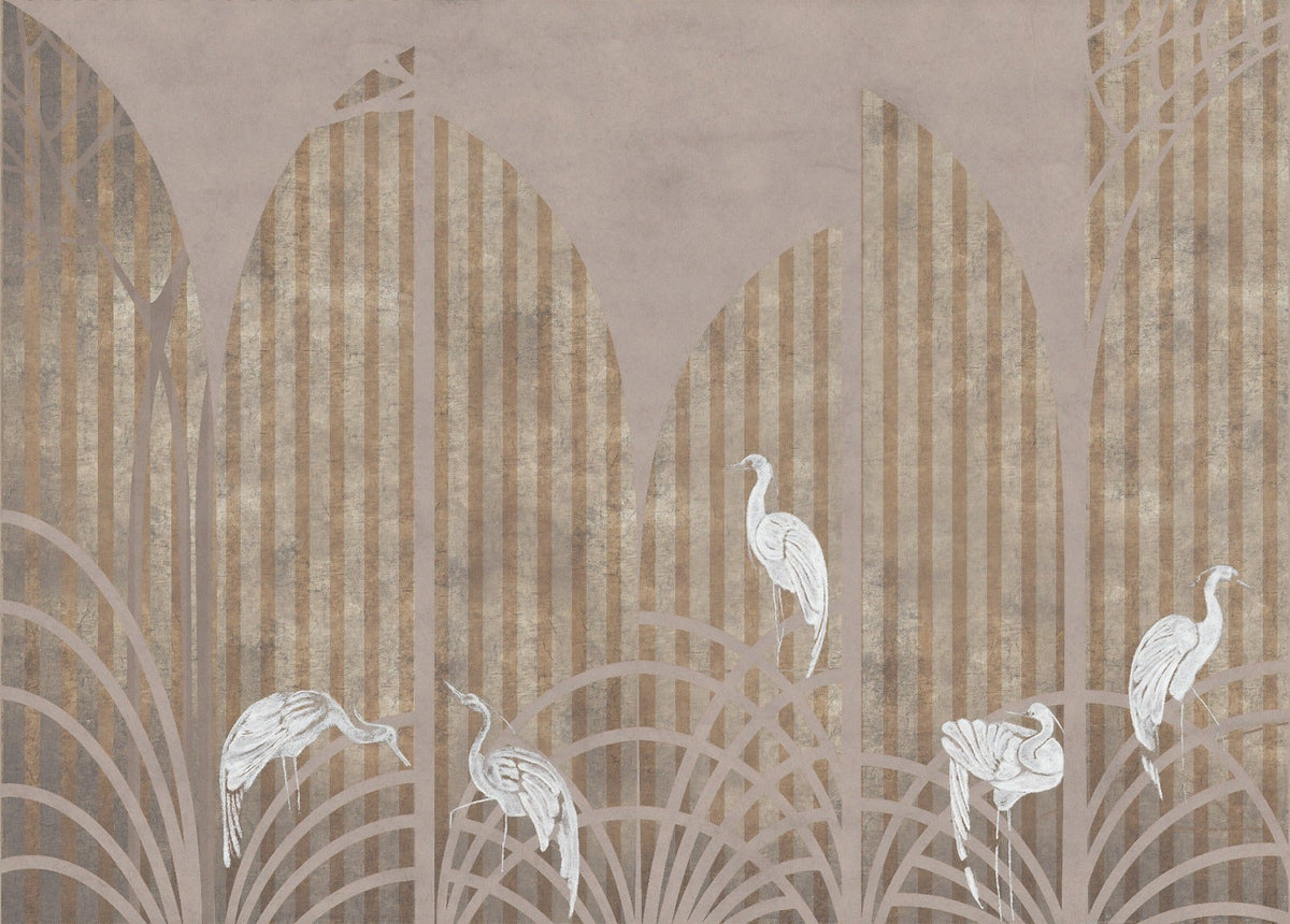 Art Deco Golden Striped Pattern White Crane Wall Murals in your room — zoomed