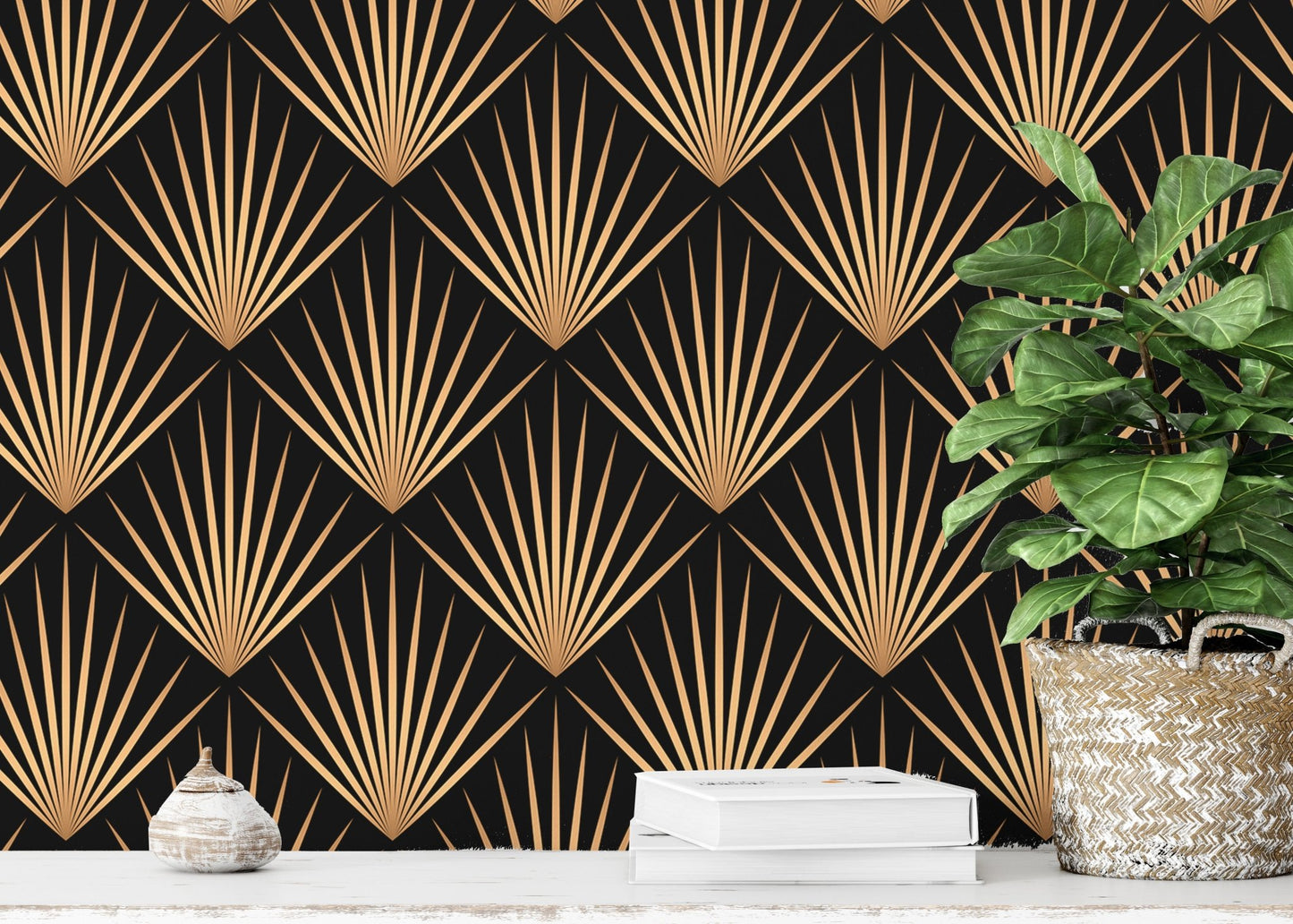 Art Deco Trellis Lines Repeat Pattern Wallpaper used as a backdrop for indoor plants.