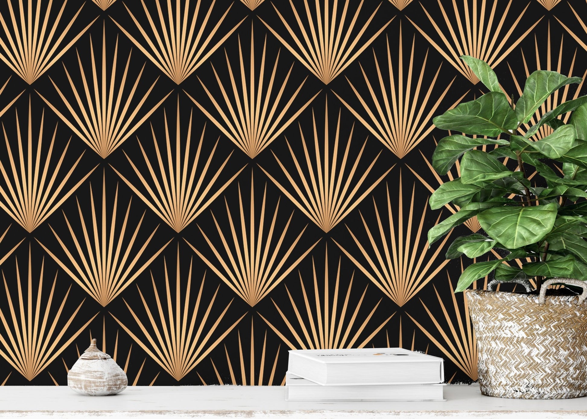 Art Deco Trellis Lines Repeat Pattern Wallpaper used as a backdrop for indoor plants.
