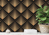 Art Deco Trellis Lines Repeat Pattern Wallpaper used as a backdrop for indoor plants.