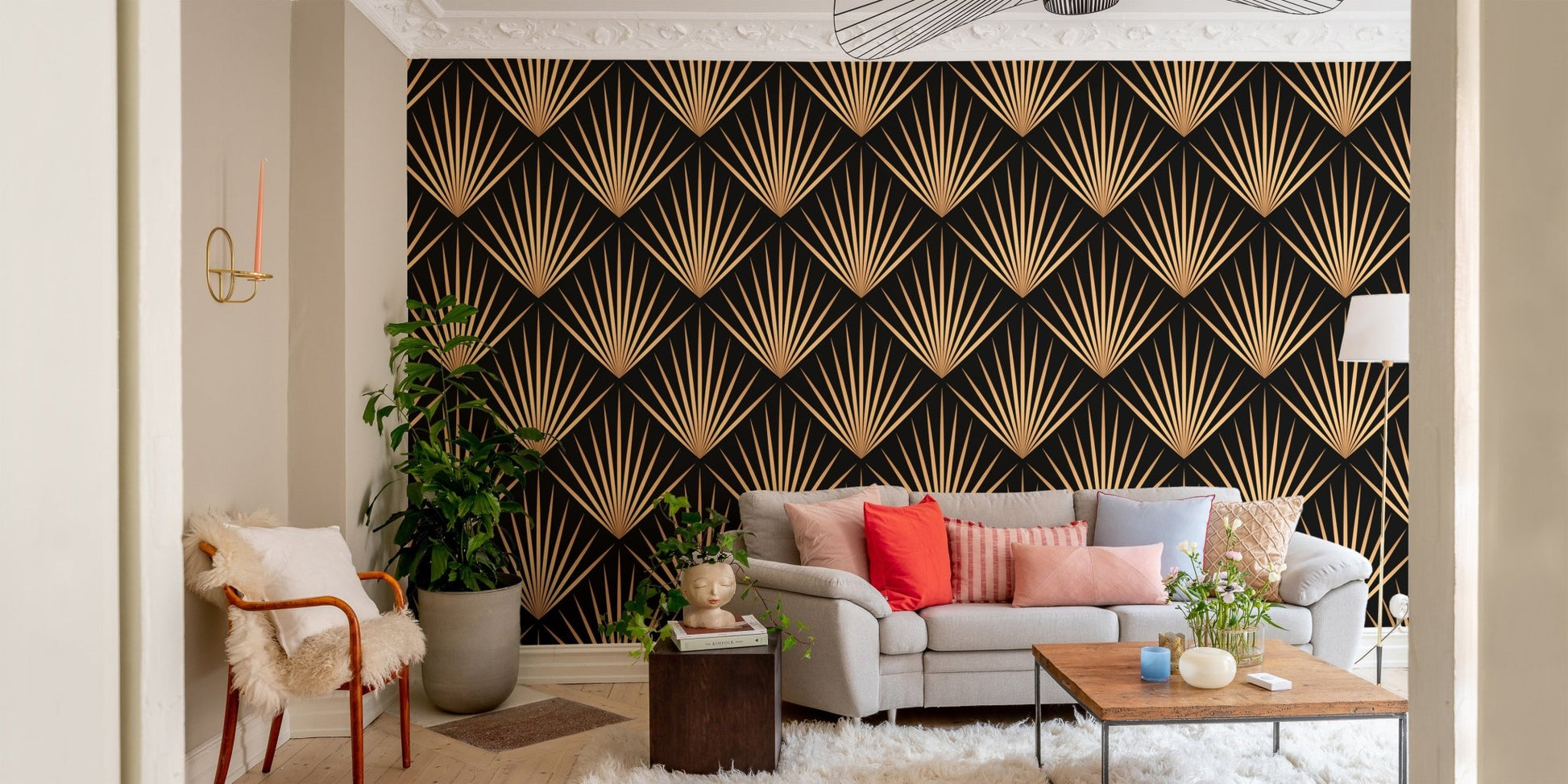 Golden fan motifs on black wallpaper in a contemporary apartment hallway.