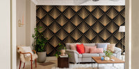Golden fan motifs on black wallpaper in a contemporary apartment hallway.