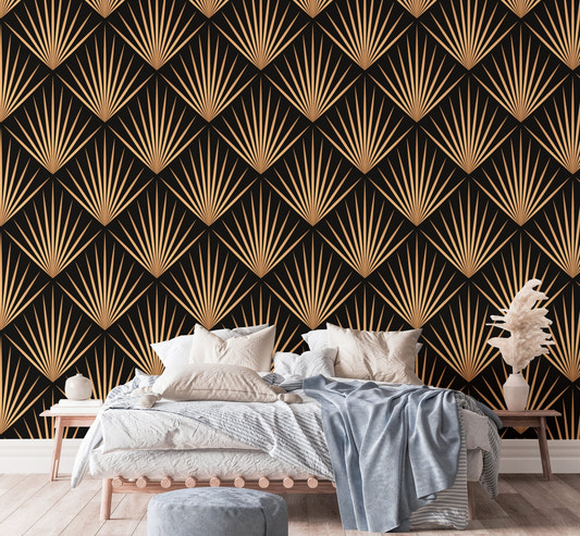 Art Deco Trellis Lines Repeat Pattern Wallpaper in modern bedroom with grey bedding.