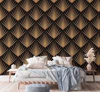 Art Deco Trellis Lines Repeat Pattern Wallpaper in modern bedroom with grey bedding.