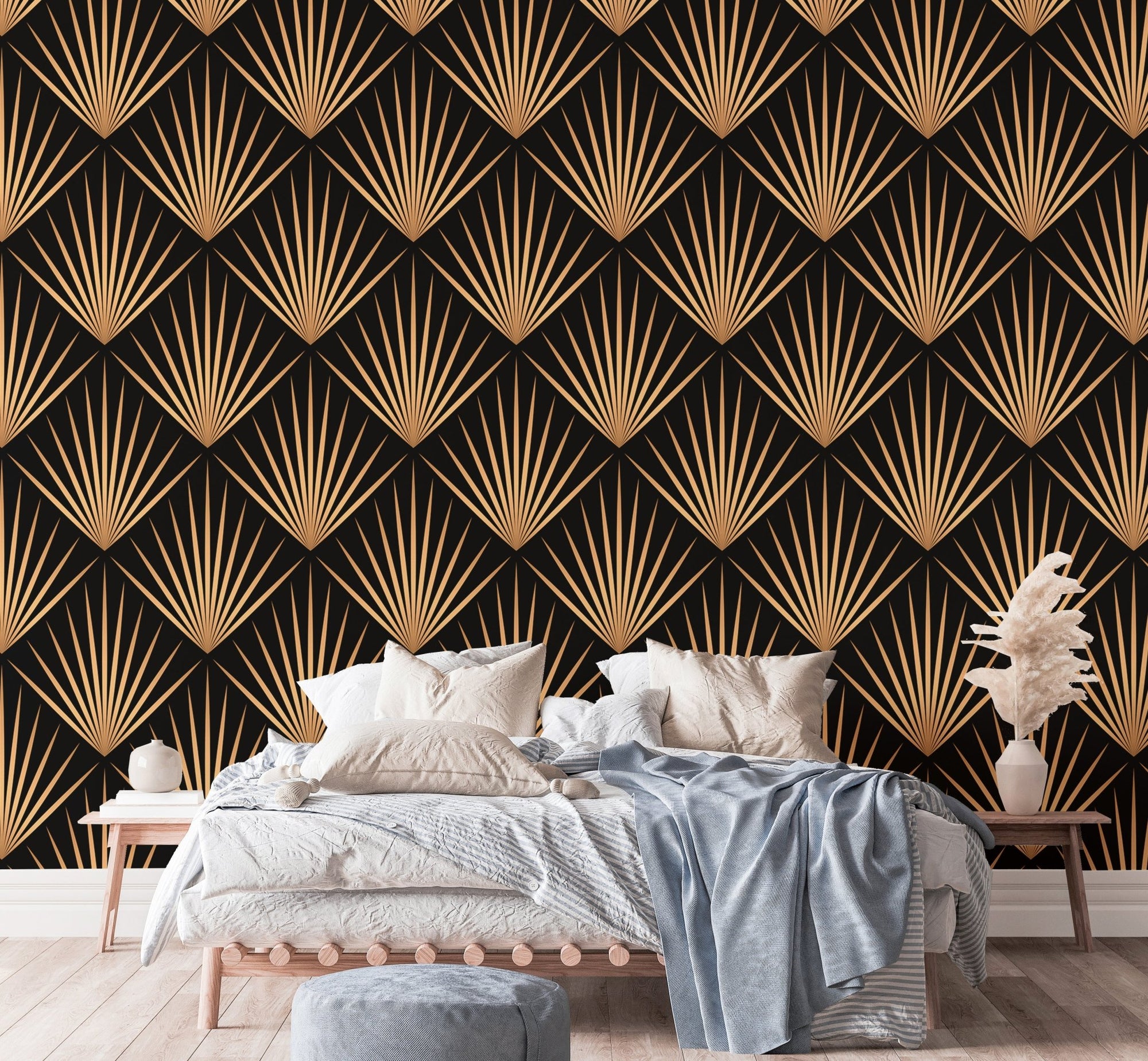 Art Deco Trellis Lines Repeat Pattern Wallpaper in modern bedroom with grey bedding.