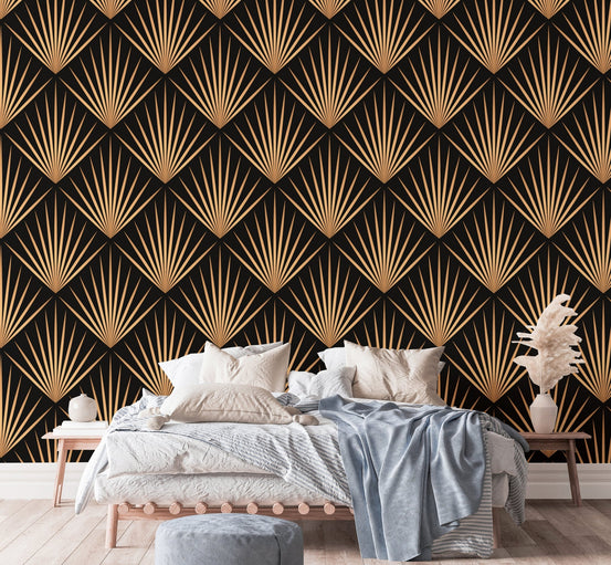 Art Deco Trellis Lines Repeat Pattern Wallpaper in modern bedroom with grey bedding.