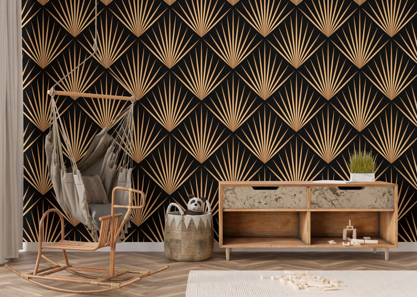 Art Deco Trellis Lines Repeat Pattern Wallpaper in a nursery with a hanging chair.
