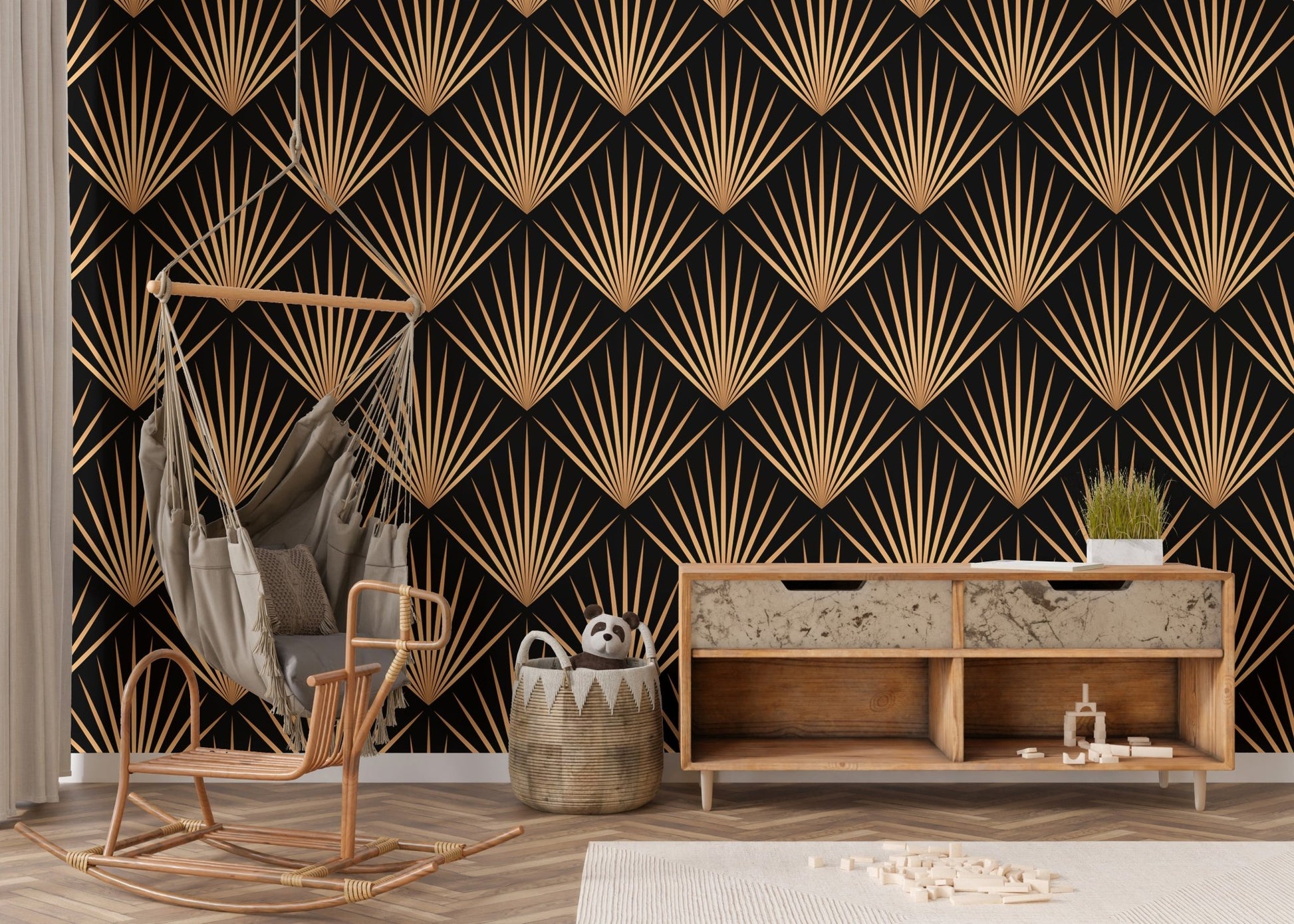 Art Deco Trellis Lines Repeat Pattern Wallpaper in a nursery with a hanging chair.