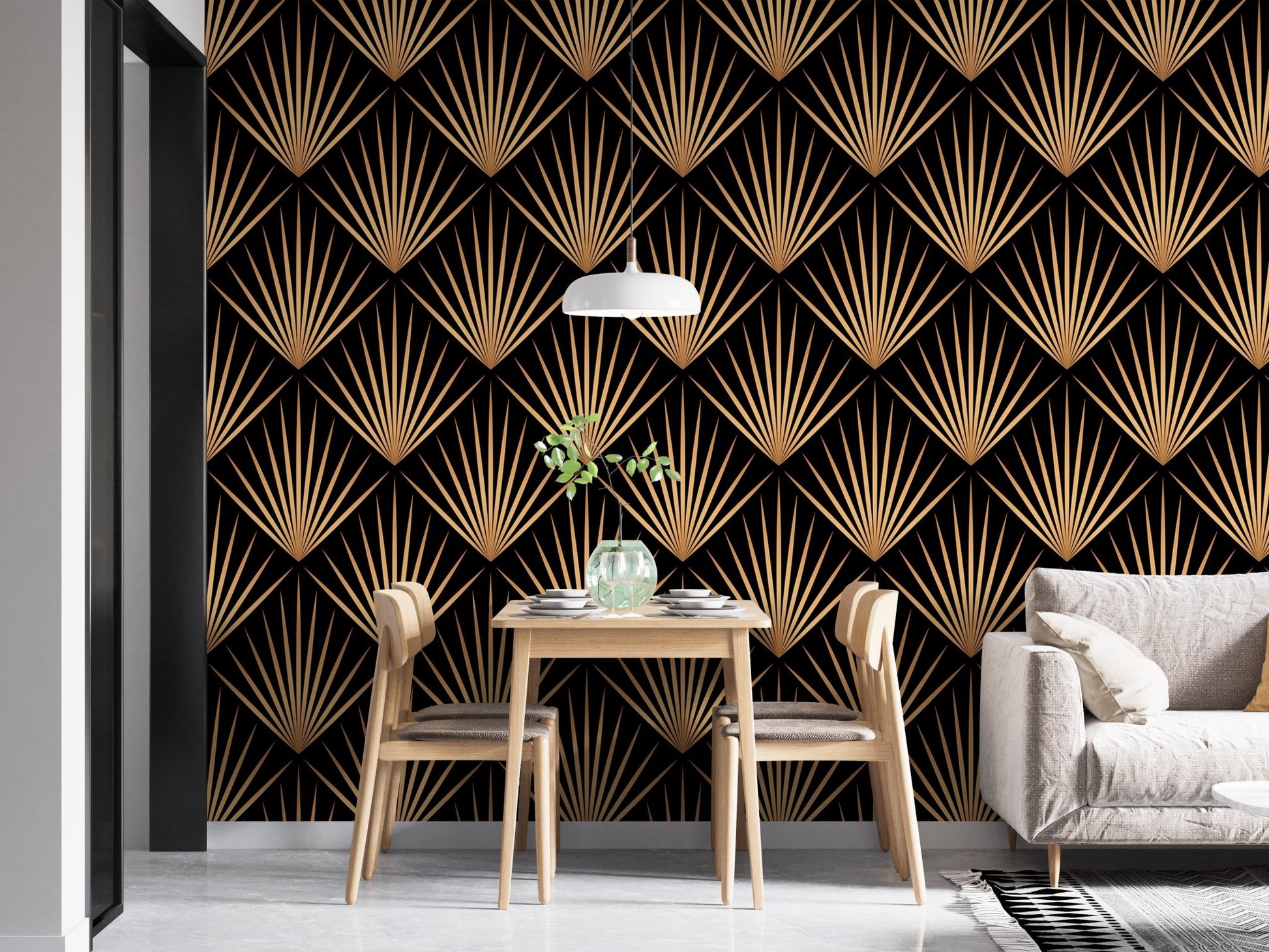 Trellis lines in elegant Art Deco wallpaper in modern dining room.