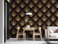 Trellis lines in elegant Art Deco wallpaper in modern dining room.
