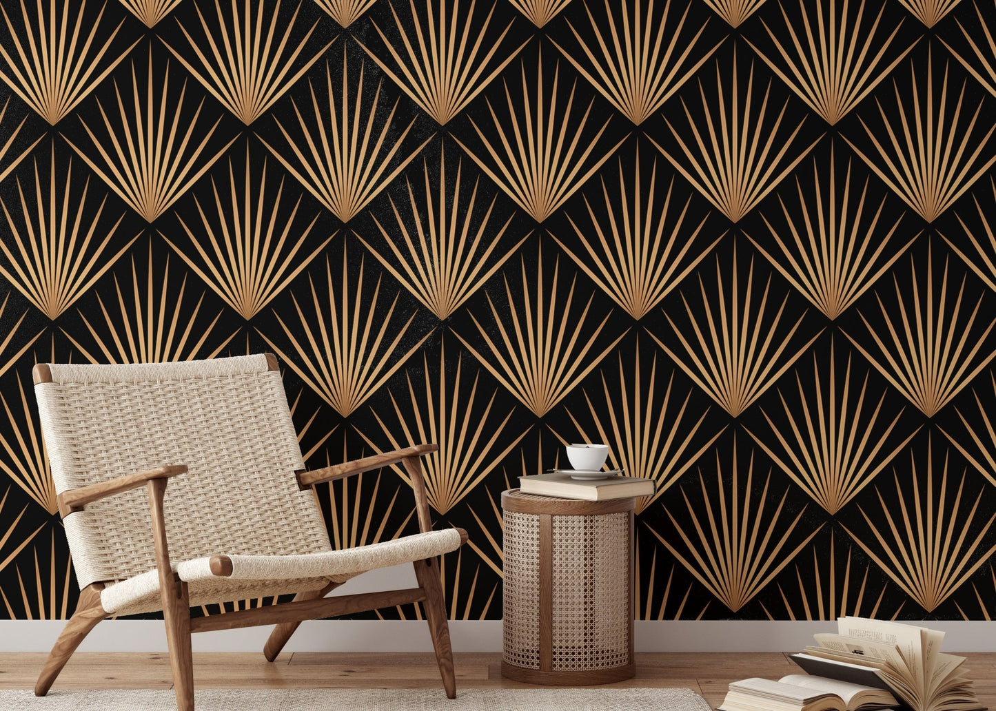 Art Deco Trellis Lines Repeat Pattern Wallpaper on a feature wall in a reading space.