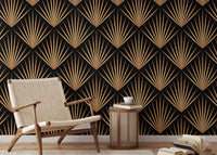 Art Deco Trellis Lines Repeat Pattern Wallpaper on a feature wall in a reading space.