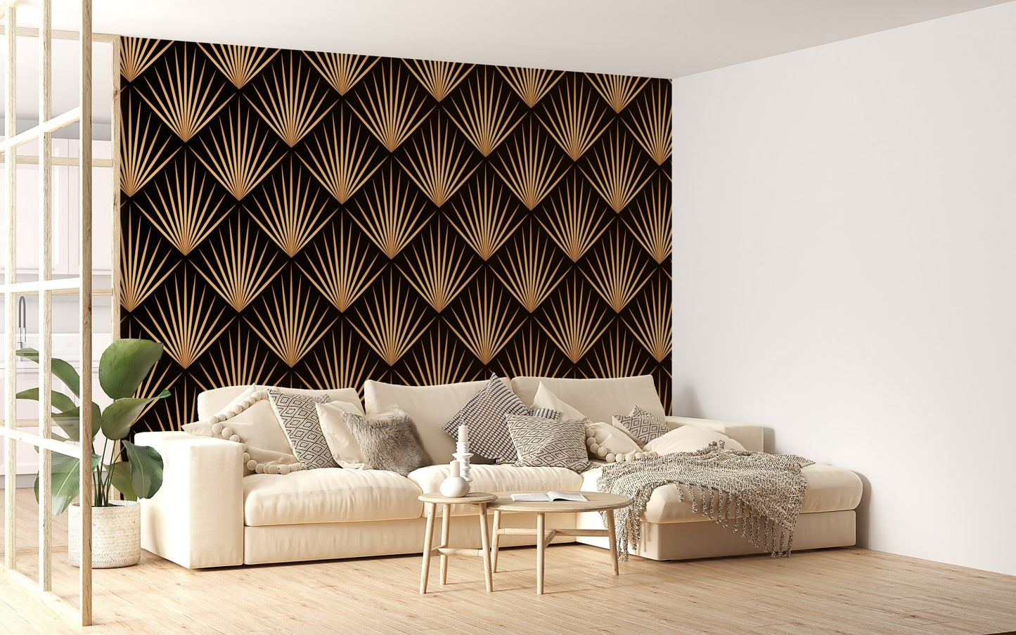 Deco trellis wallpaper with repeating design in living room.