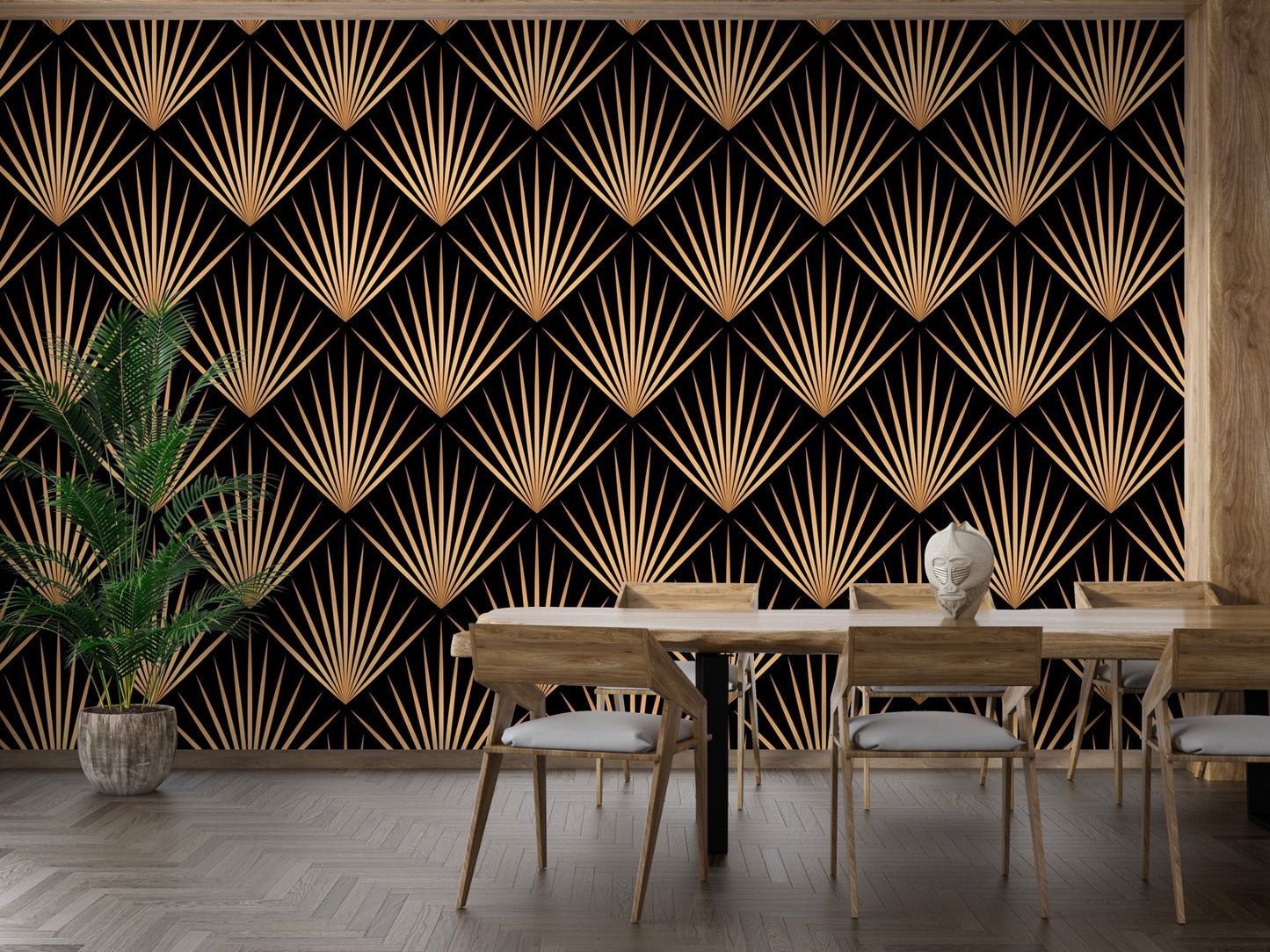 Art Deco Trellis Lines Repeat Pattern Wallpaper on a feature wall in a dining space.