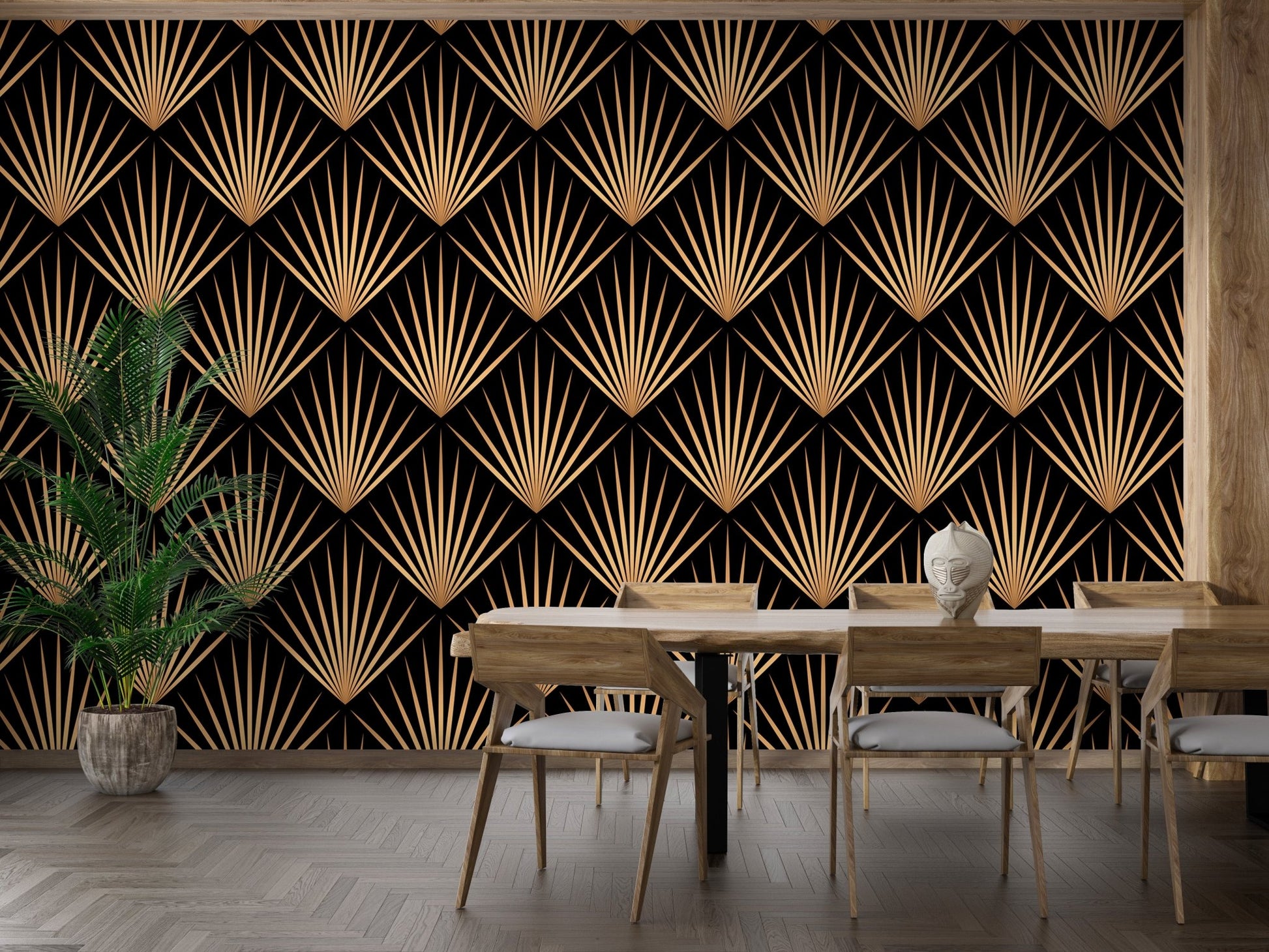 Art Deco Trellis Lines Repeat Pattern Wallpaper on a feature wall in a dining space.