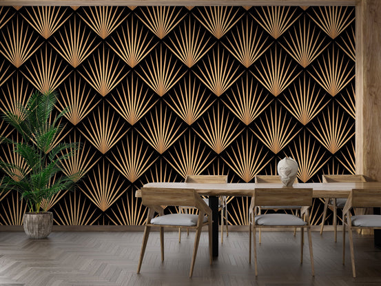 Art Deco Trellis Lines Repeat Pattern Wallpaper on a feature wall in a dining space.