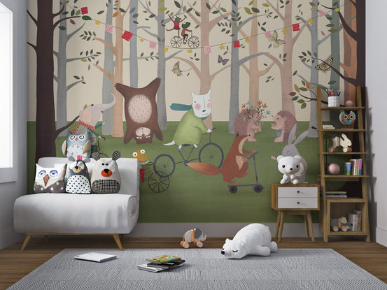 Playful animals forest wall mural fits a bright playroom setting