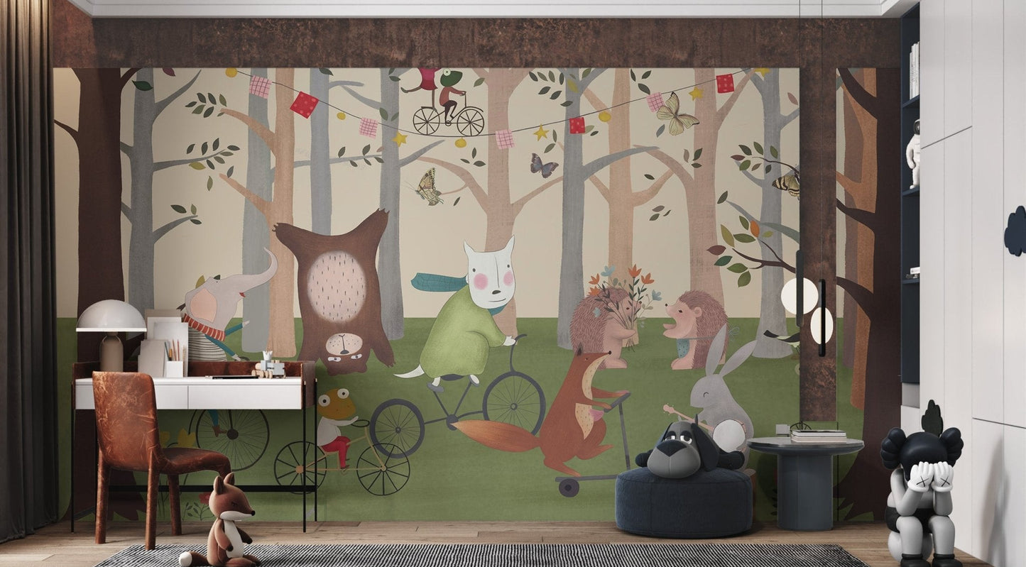 Forest mural with playful animals for children