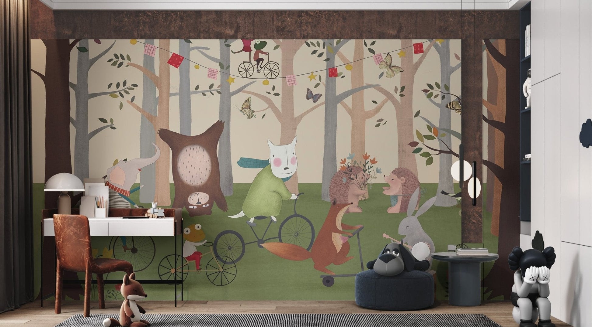 Forest mural with playful animals for children