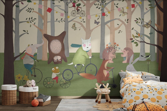 Playful animals wall mural scene perfect for a child's bedroom.