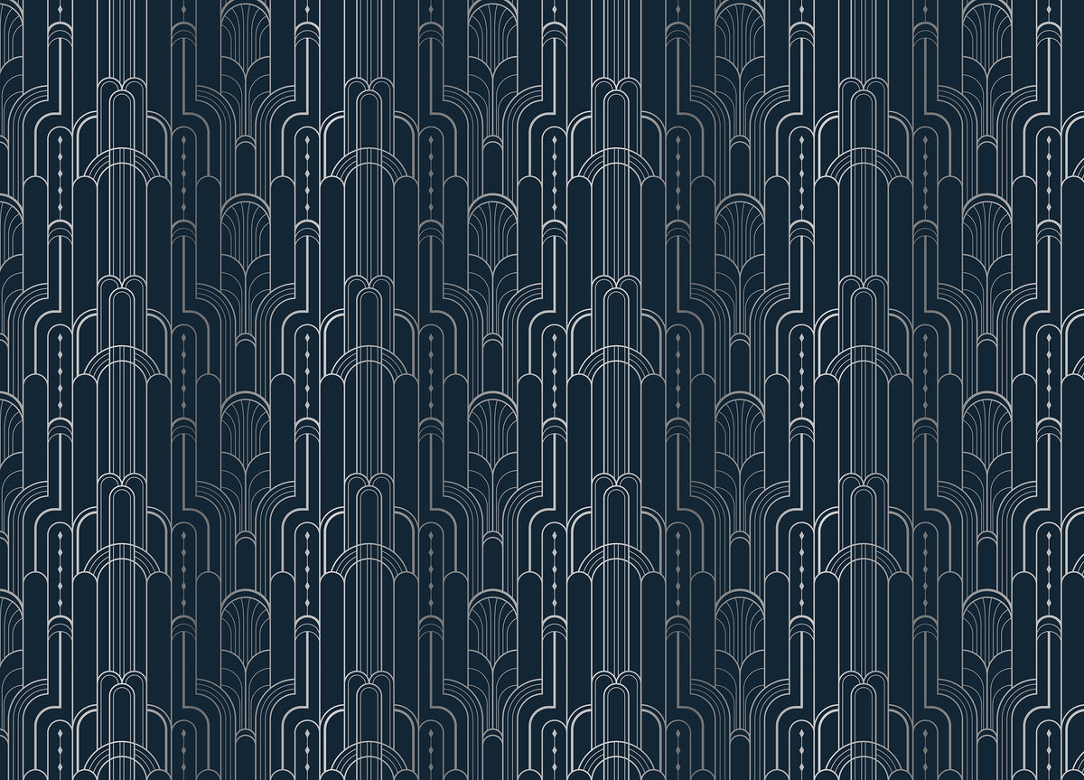 Dark Blue and Silver Color Art Deco Removable Wallpaper in your room — zoomed