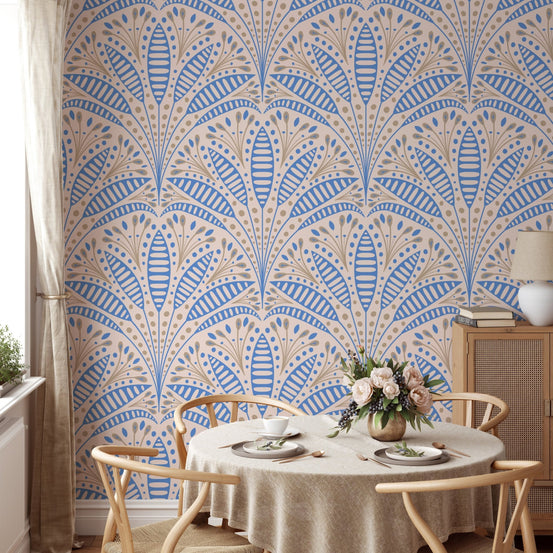 Traditional art deco wallpaper featuring a rhythmic palm leaf arrangement.