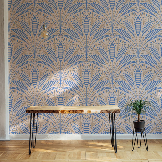 Artdeco blue palm wallpaper featuring a repeating fan pattern in light blue.