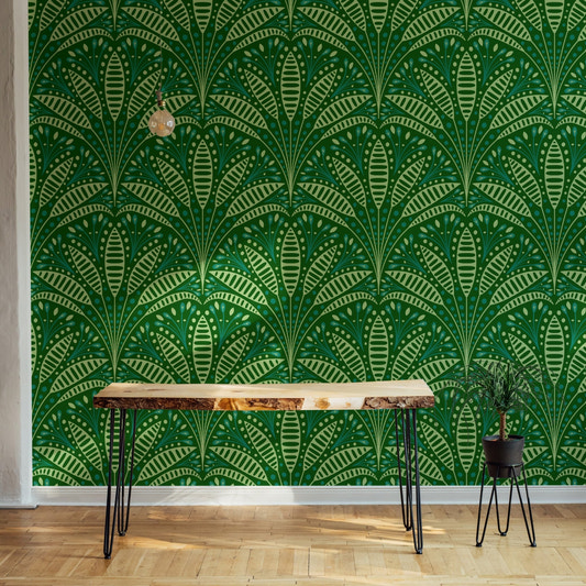 Artdeco green palm wallpaper with symmetrical emerald leaf fans.