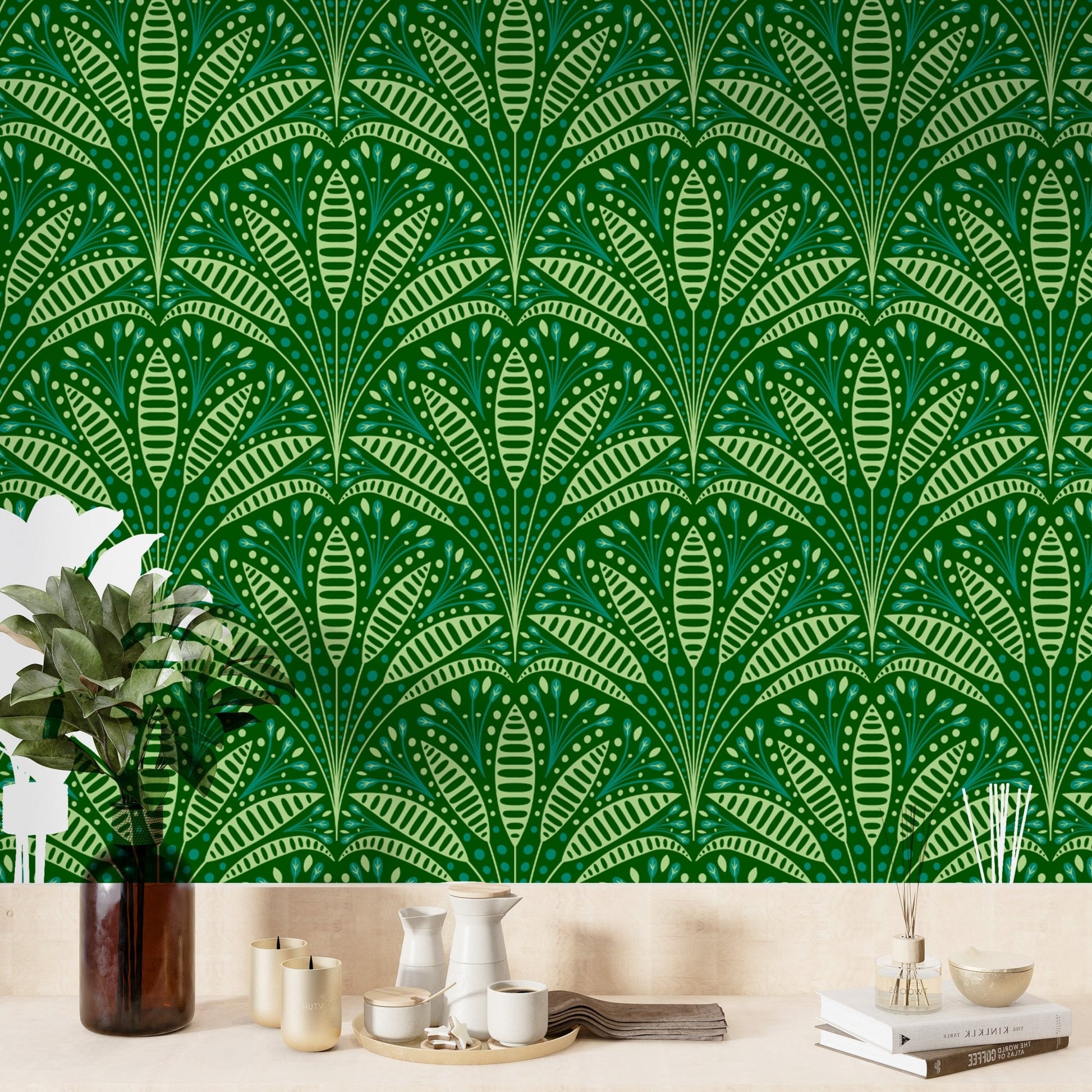 Artdeco Green Palm Wallpaper - Wallanza