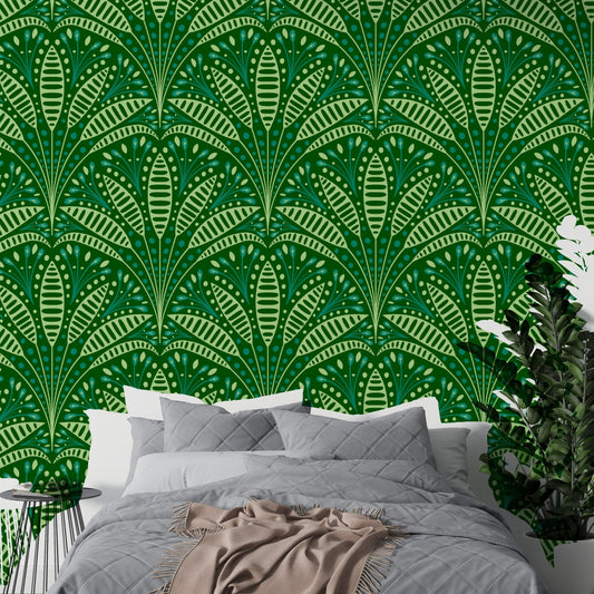 Elegant green fan wallpaper for a sophisticated interior style.