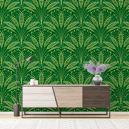 Vintage botanical wall mural featuring tiered sage green palms.