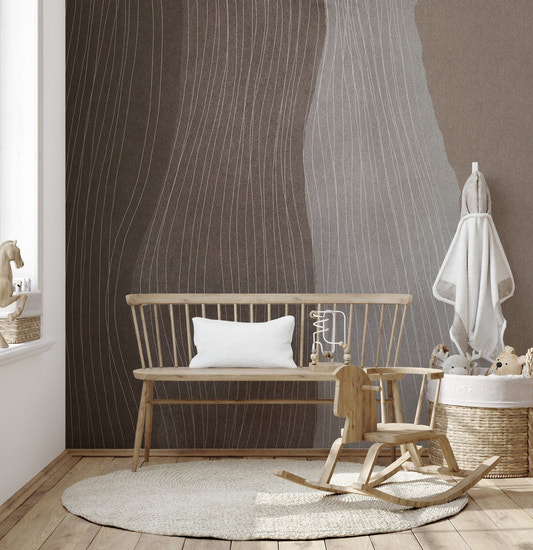 Artful arabica wallpaper mural with flowing vertical lines in sepia tones.