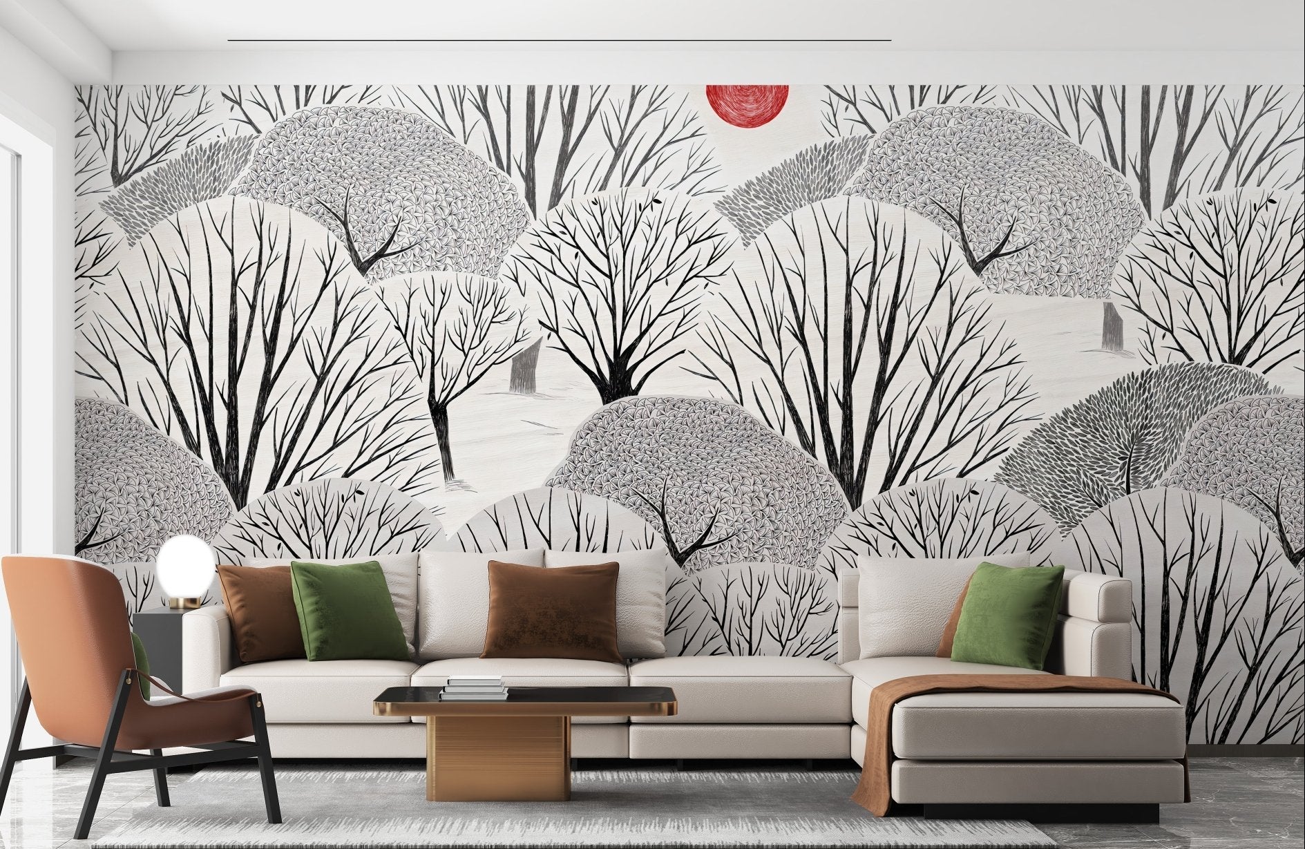 Artistic Black & White Trees Wall Mural in modern living room with cream sofa.